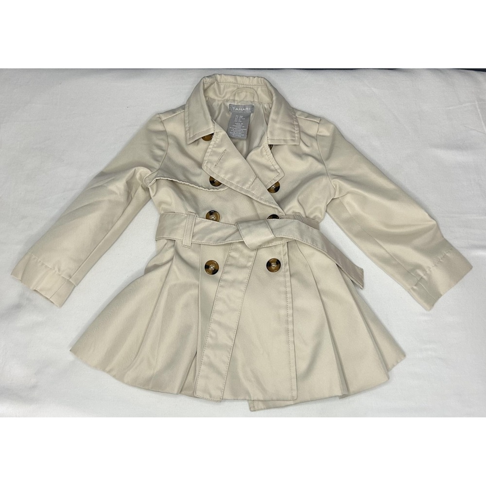 Tahari Trench Coat Toddler 12-18 Months Beige Belted Pleated Double Breasted